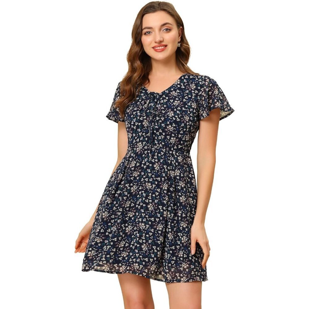 Women's Floral Chiffon Dress Short Sleeve V-Neck Summer Party Beach Wear
